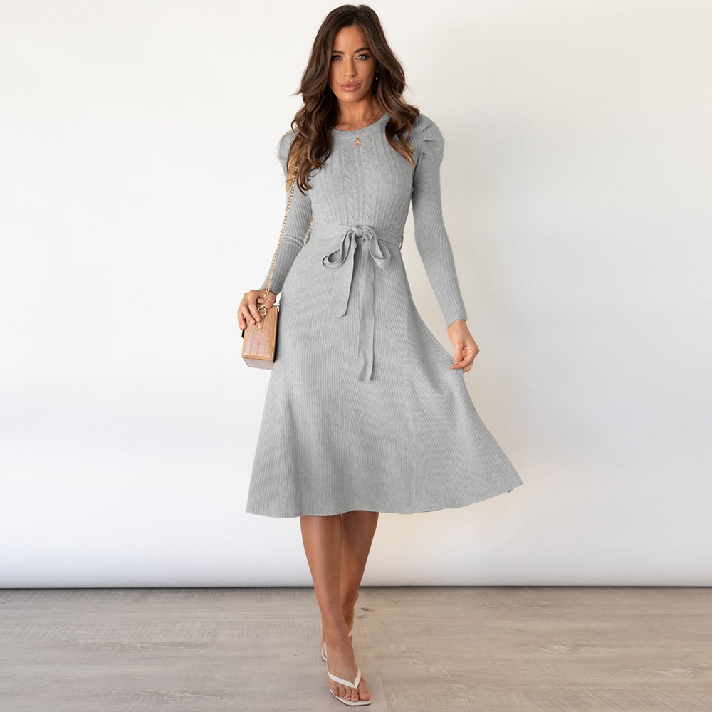 2023 New Autumn Winter Collection Puff Long Sleeve Knit Dress Ladies Slim High Waist Big Flare Sweater Dress With Belt