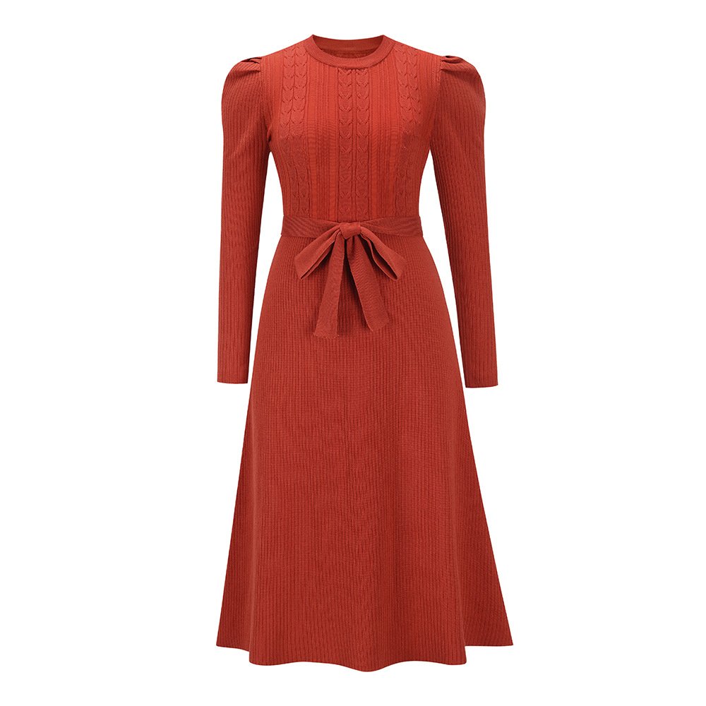 2023 New Autumn Winter Collection Puff Long Sleeve Knit Dress Ladies Slim High Waist Big Flare Sweater Dress With Belt