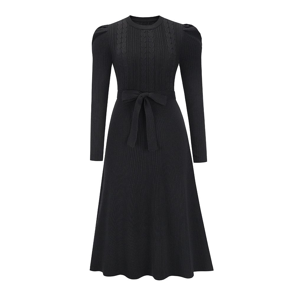 2023 New Autumn Winter Collection Puff Long Sleeve Knit Dress Ladies Slim High Waist Big Flare Sweater Dress With Belt