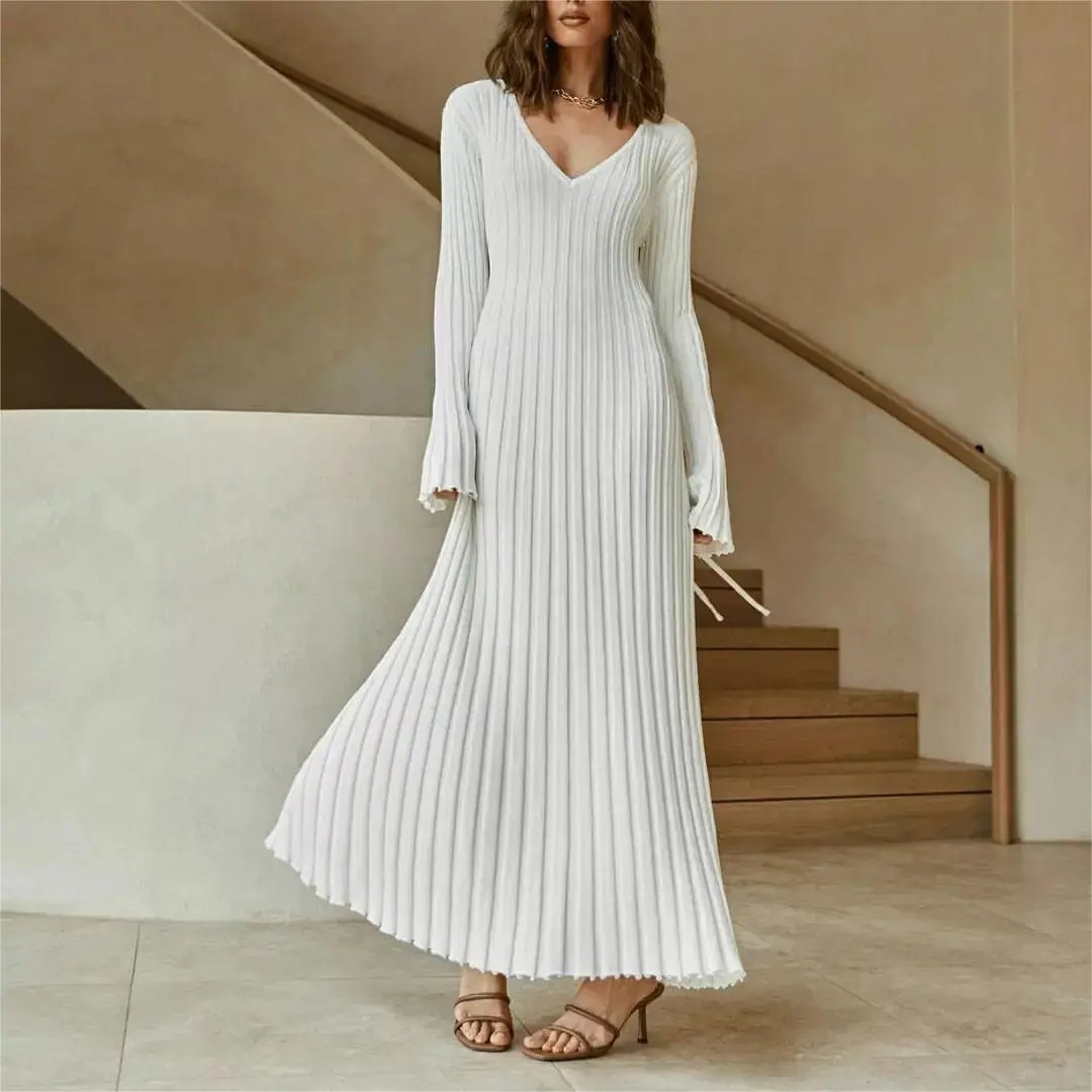 Hot Selling Best Quality Women Rib Knit Crew Neck Maxi Dress Winter Pleated Dress Sweater Dress Women