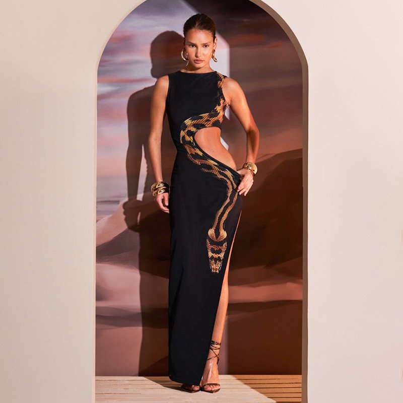 Peeqi M24DS169 fashion 2024 new autumn streetwear printing sleeveless backless hollow out slim dress sexy maxi dress women lady