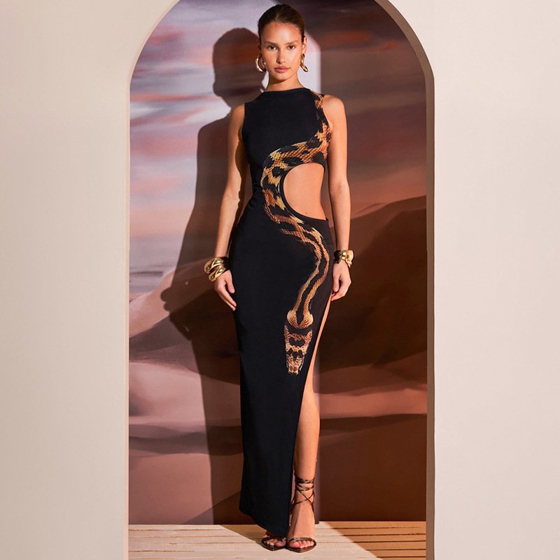 Peeqi M24DS169 fashion 2024 new autumn streetwear printing sleeveless backless hollow out slim dress sexy maxi dress women lady