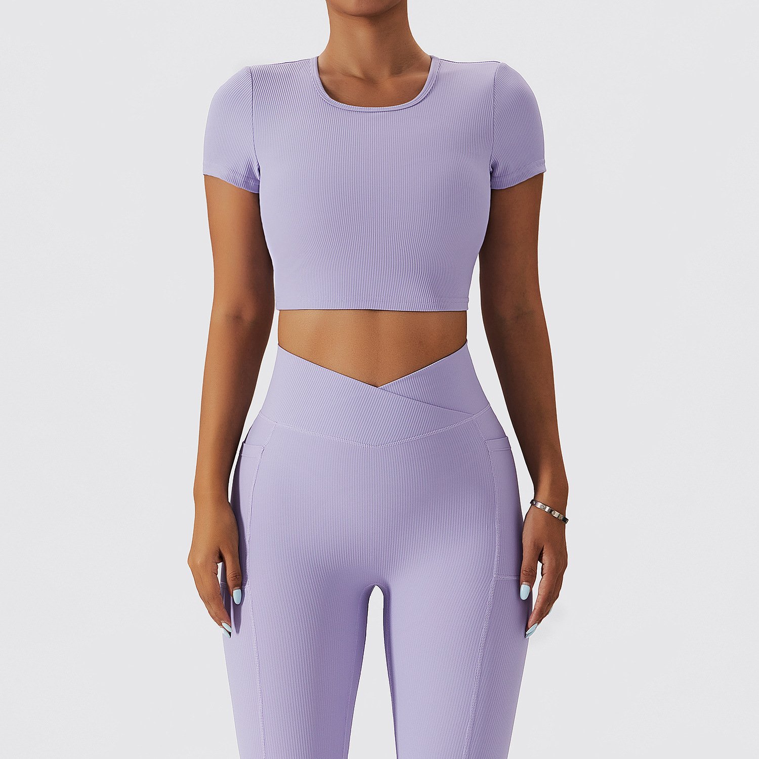 Knitted Ribbed Compression Gym Short Sleeve Clothing Workout Sportswear Outdoor Fitness Crop Top V Cut Yoga Leggings Yoga Sets
