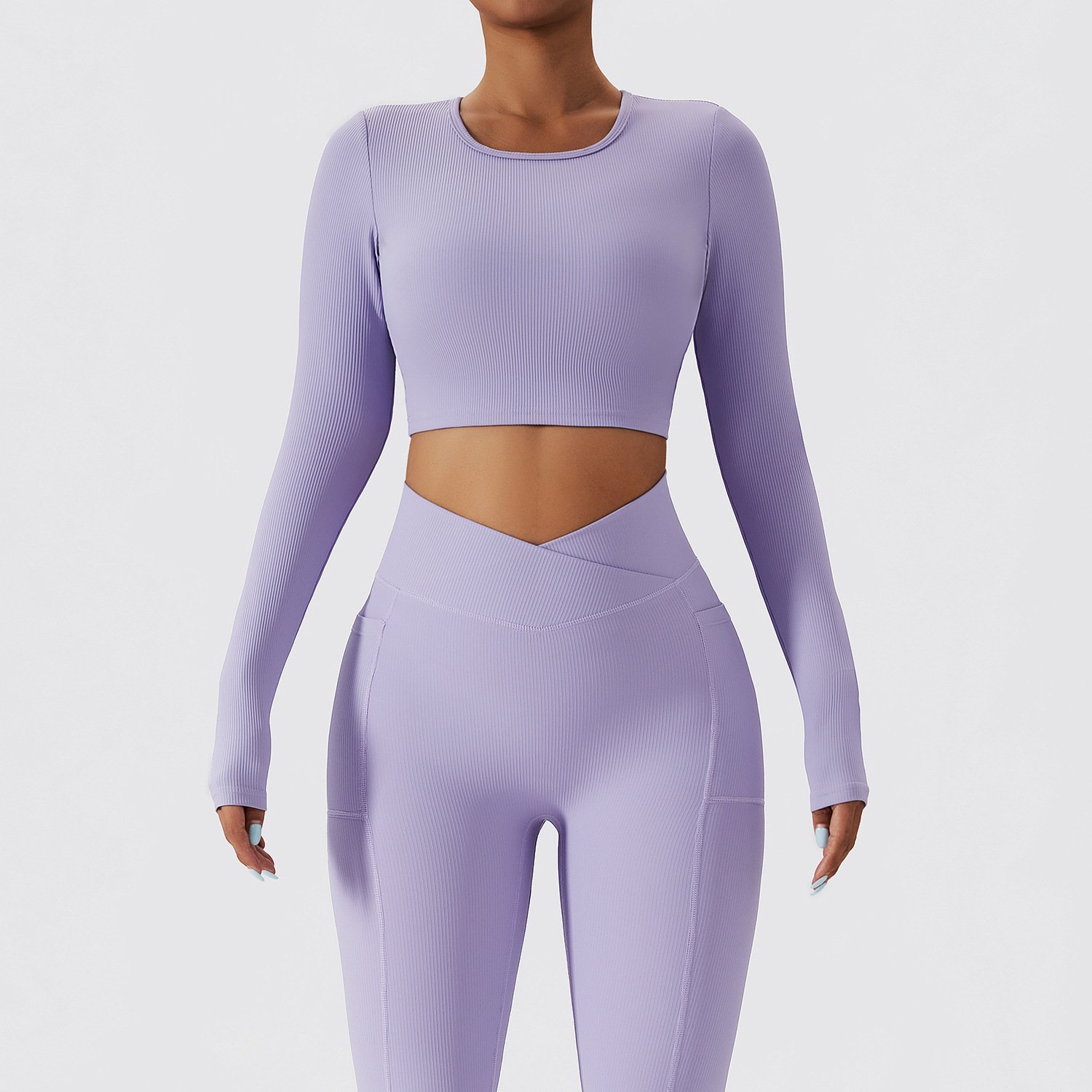 Knitted Ribbed Compression Gym Short Sleeve Clothing Workout Sportswear Outdoor Fitness Crop Top V Cut Yoga Leggings Yoga Sets