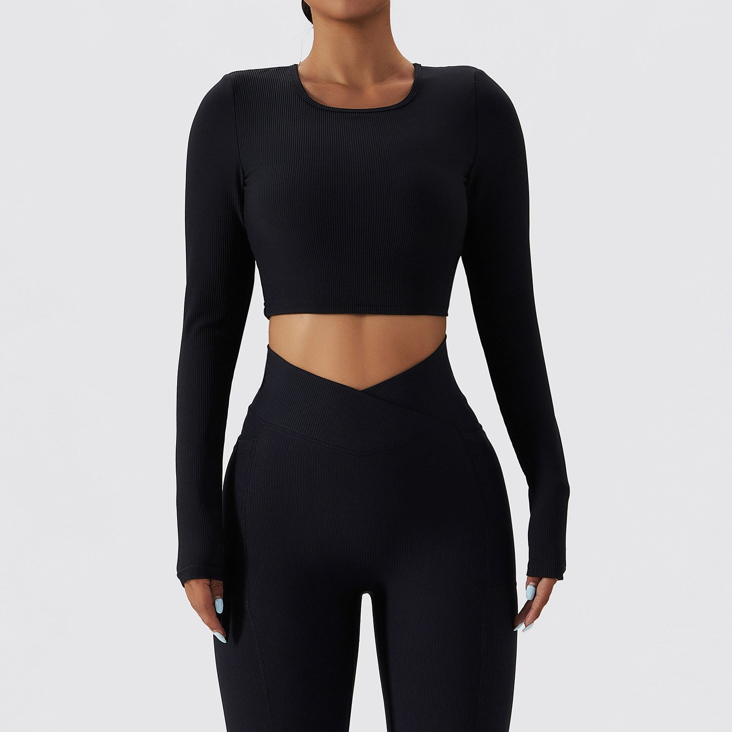 Knitted Ribbed Compression Gym Short Sleeve Clothing Workout Sportswear Outdoor Fitness Crop Top V Cut Yoga Leggings Yoga Sets