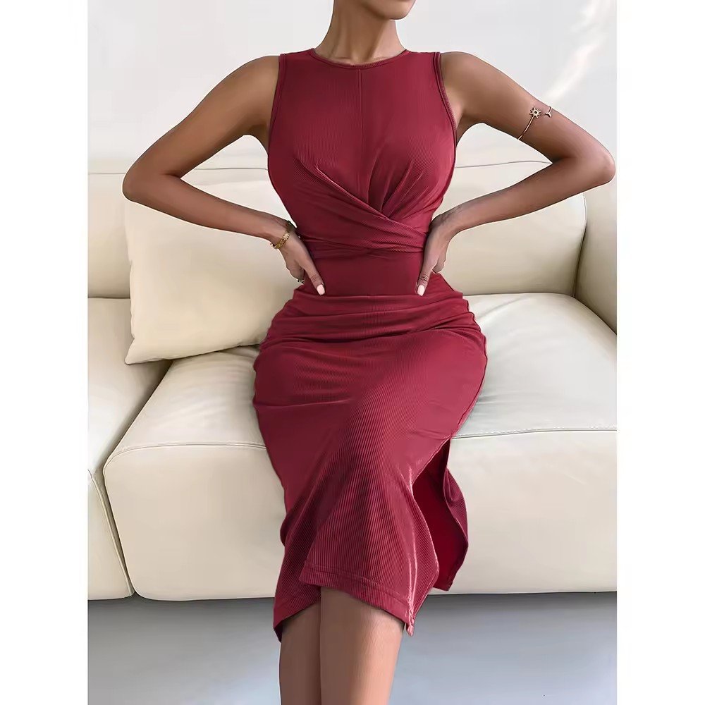 Women's Clothing Summer Dresses Women 2024 Lady Solid Color Ribbed Sleeveless Dress Women Bodycon Midi Dress