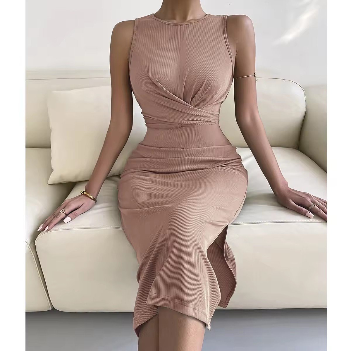 Women's Clothing Summer Dresses Women 2024 Lady Solid Color Ribbed Sleeveless Dress Women Bodycon Midi Dress