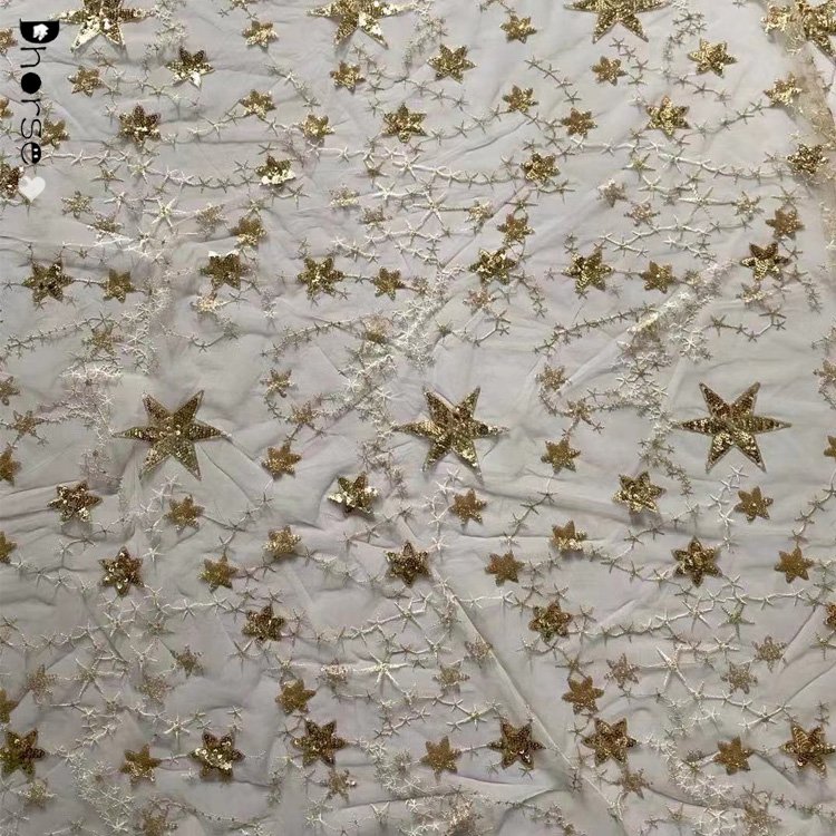 Fashion gold/navy/pink/silver/black shining sequin fabric lace star fabric