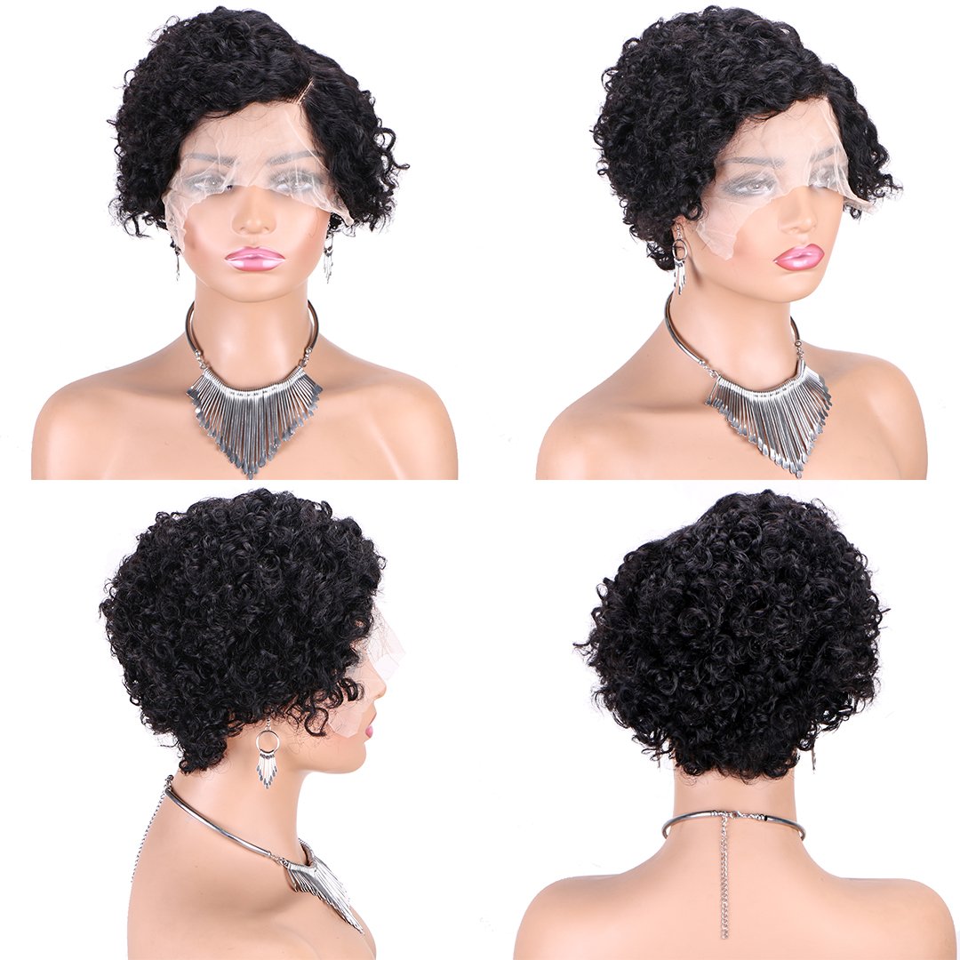 Wholesale Short Curly Pixie Cut Lace Wigs,13x4x1 Lace Front Side T Part Lace Pixie Cut Human Hair Wigs For Black Woman,