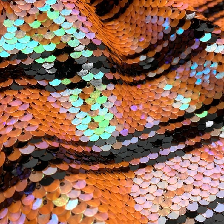 Cheap fancy polyester knitted stripe orange small reversible sequin embroidered mesh fabric for girls skirts