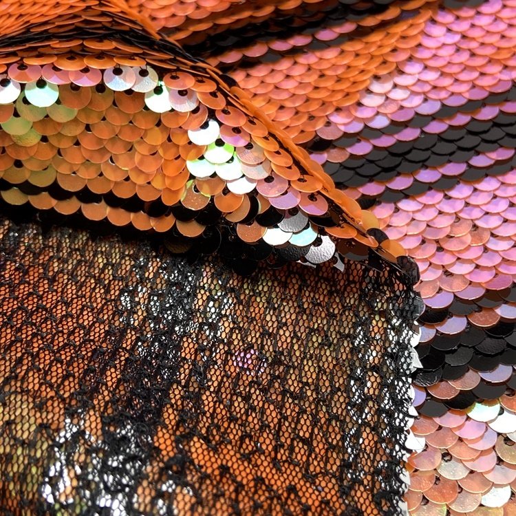 Cheap fancy polyester knitted stripe orange small reversible sequin embroidered mesh fabric for girls skirts