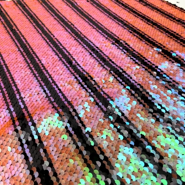 Cheap fancy polyester knitted stripe orange small reversible sequin embroidered mesh fabric for girls skirts