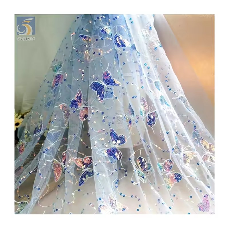 Custom Polyester Soft Tulle Mesh Butterfly Fabric Dress Embroidery Shiny Sequin Butterfly Tulle Netting Fabric