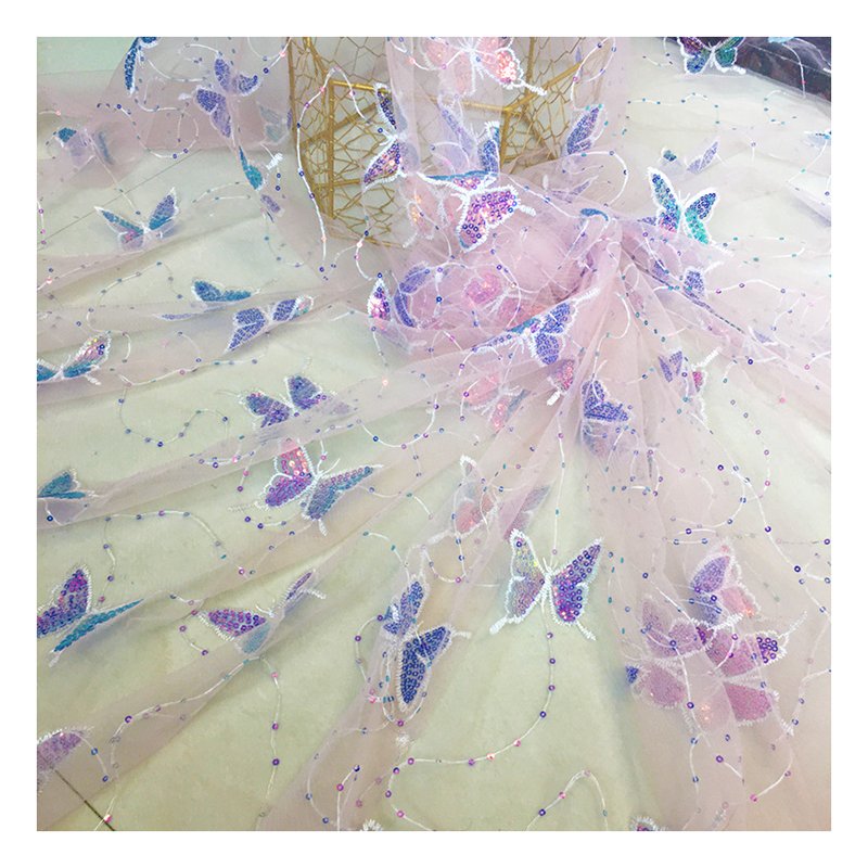 Custom Polyester Soft Tulle Mesh Butterfly Fabric Dress Embroidery Shiny Sequin Butterfly Tulle Netting Fabric