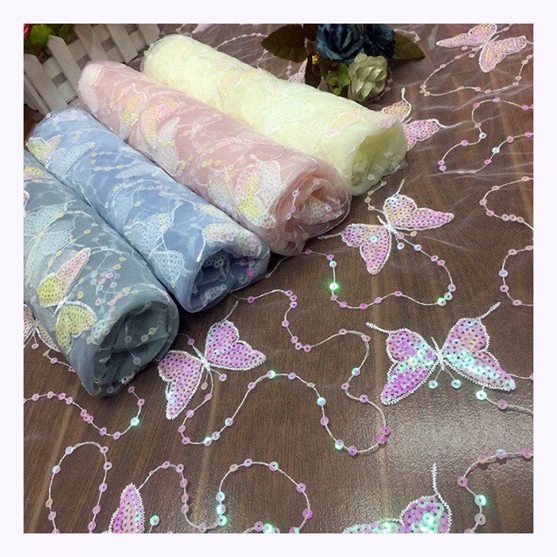 Custom Polyester Soft Tulle Mesh Butterfly Fabric Dress Embroidery Shiny Sequin Butterfly Tulle Netting Fabric