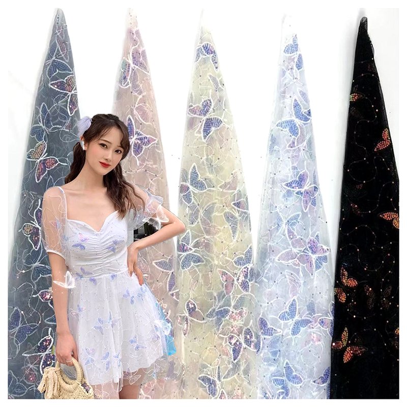 Custom Polyester Soft Tulle Mesh Butterfly Fabric Dress Embroidery Shiny Sequin Butterfly Tulle Netting Fabric