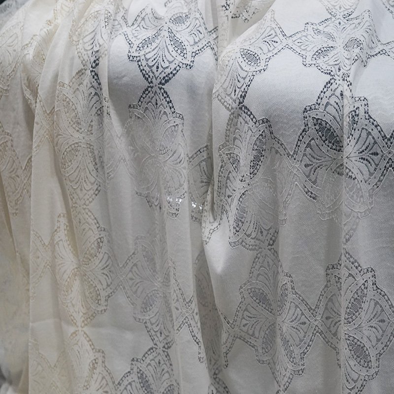 Guipure beige geometrical nylon and cotton swiss lace fabric for lady garment