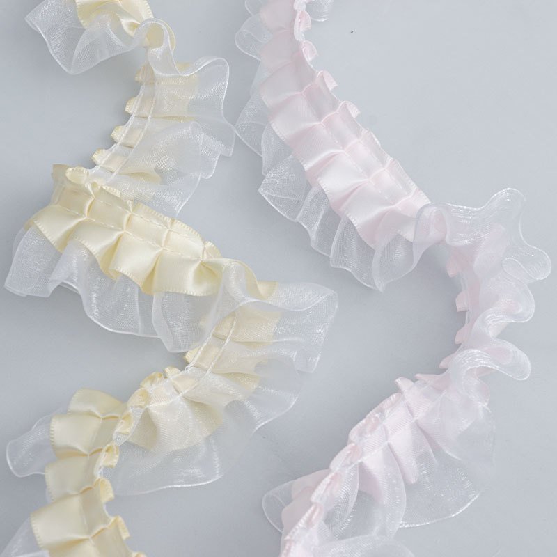 Hot Sale 4cm Double-Layer Polyester Chiffon Pleated Lace Trims Handmade DIY Headdress Wedding Dress Skirt Clothing Accessories
