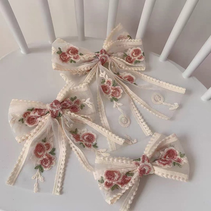 Rose embroidery flower big bow hair ornament Super fairy lace hairpin net red headpiece lace trims