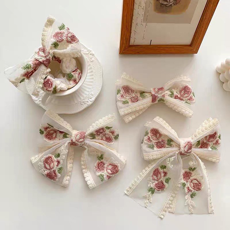 Rose embroidery flower big bow hair ornament Super fairy lace hairpin net red headpiece lace trims