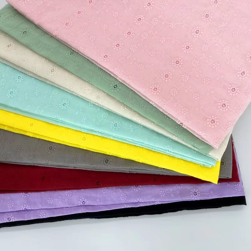 Hollow Out Woven French Guipure Fancy Style Plain Dyed Colorful 95gsm 60s Voile Cotton Embroidery Fabric 135cm Wide