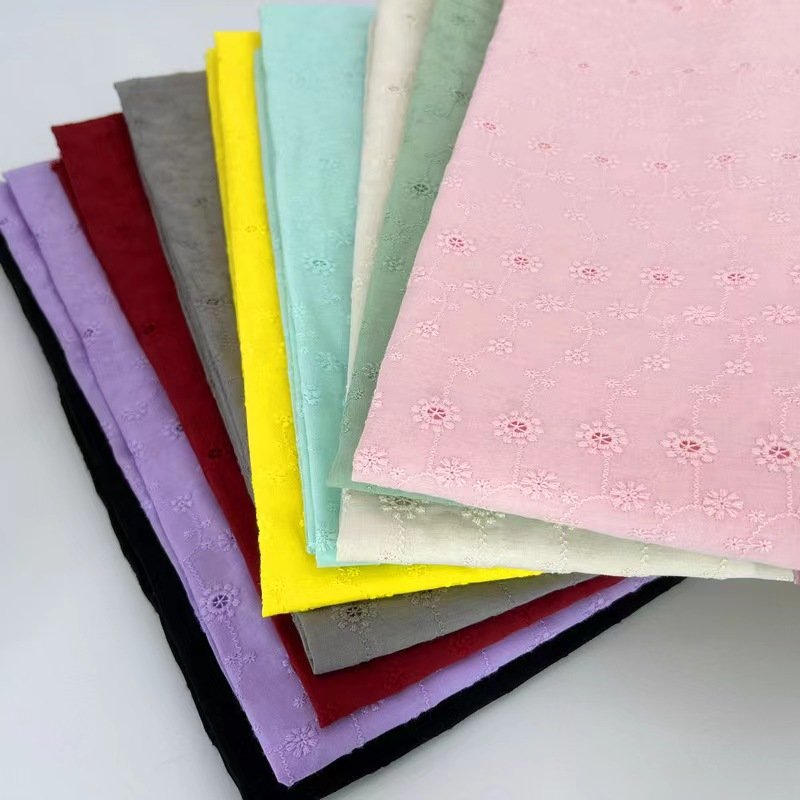 Hollow Out Woven French Guipure Fancy Style Plain Dyed Colorful 95gsm 60s Voile Cotton Embroidery Fabric 135cm Wide
