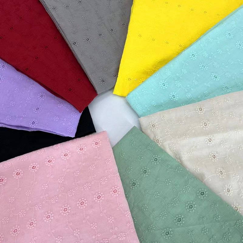 Hollow Out Woven French Guipure Fancy Style Plain Dyed Colorful 95gsm 60s Voile Cotton Embroidery Fabric 135cm Wide
