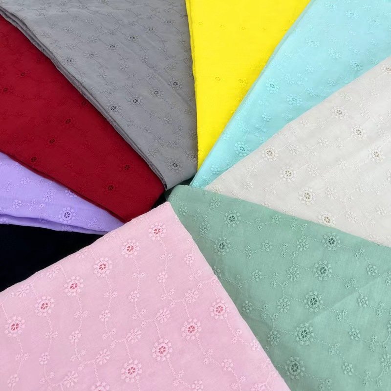 Hollow Out Woven French Guipure Fancy Style Plain Dyed Colorful 95gsm 60s Voile Cotton Embroidery Fabric 135cm Wide
