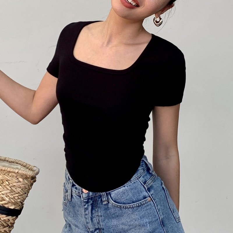 Women's Square Neck Short Sleeve Short Tops Summer New Pleated Design Slim Collarbone Inside Positive Shoulder T-Shirt