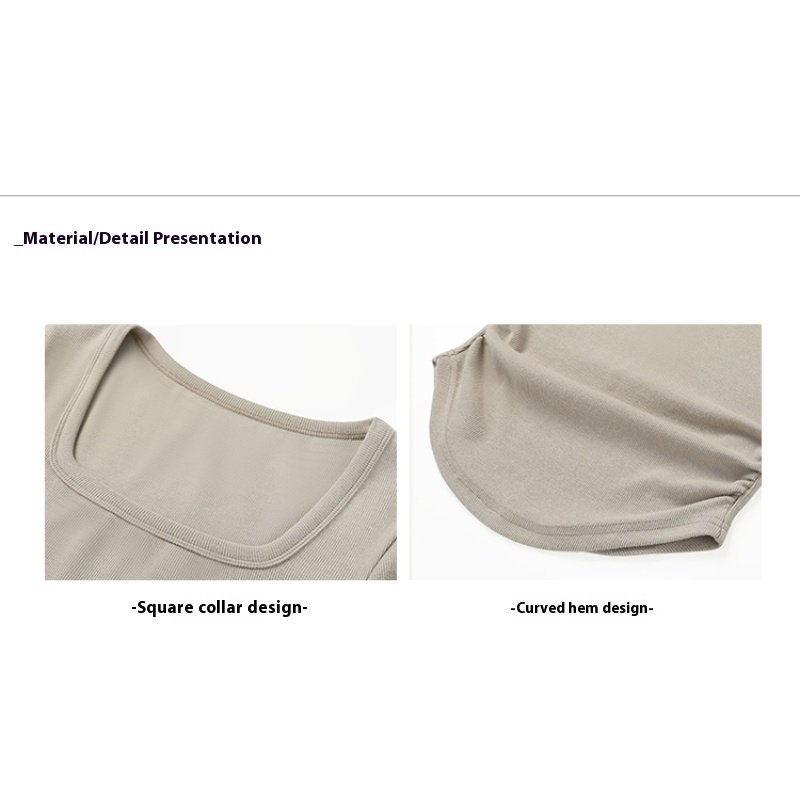 Women's Square Neck Short Sleeve Short Tops Summer New Pleated Design Slim Collarbone Inside Positive Shoulder T-Shirt