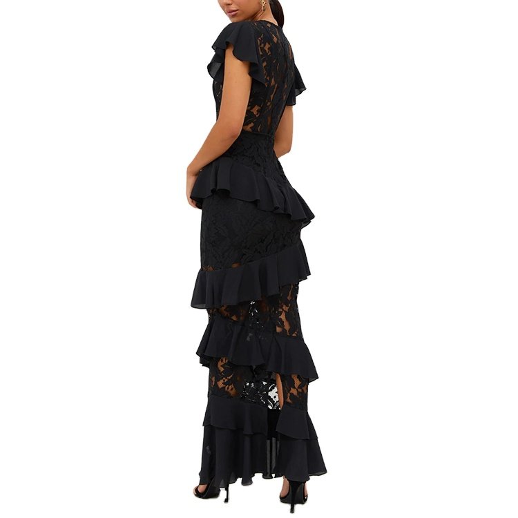 Elegant Black Sheer Lace Petal Sleeve Layered Ruffle Women Evening Maxi Dress