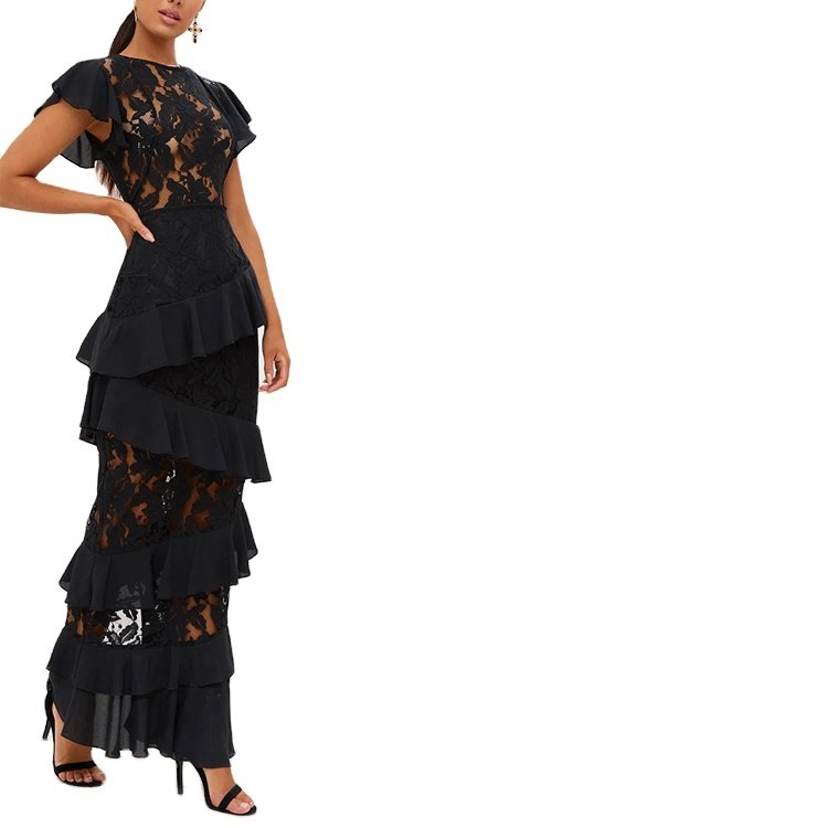 Elegant Black Sheer Lace Petal Sleeve Layered Ruffle Women Evening Maxi Dress