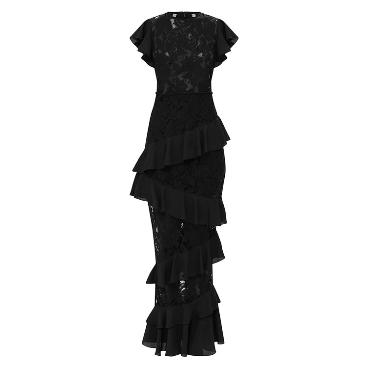 Elegant Black Sheer Lace Petal Sleeve Layered Ruffle Women Evening Maxi Dress