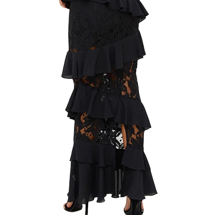 Elegant Black Sheer Lace Petal Sleeve Layered Ruffle Women Evening Maxi Dress