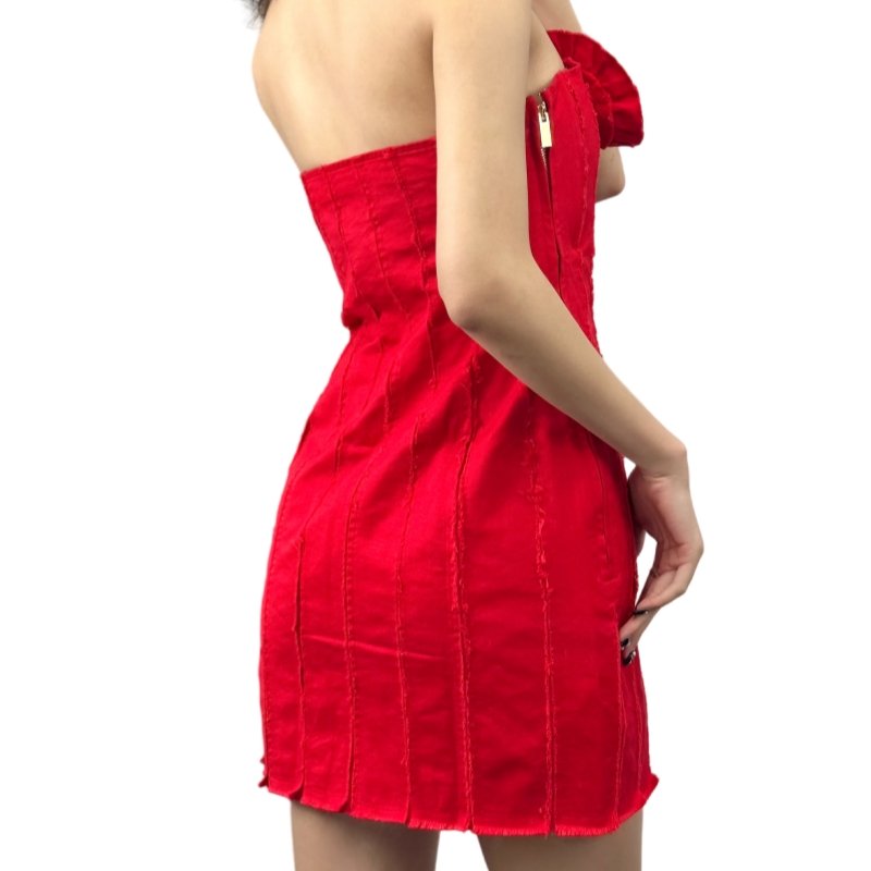 Red Floral application cotton jersey strapless denim mini dress casual women's evening mini dresses women's Ruched part clothing
