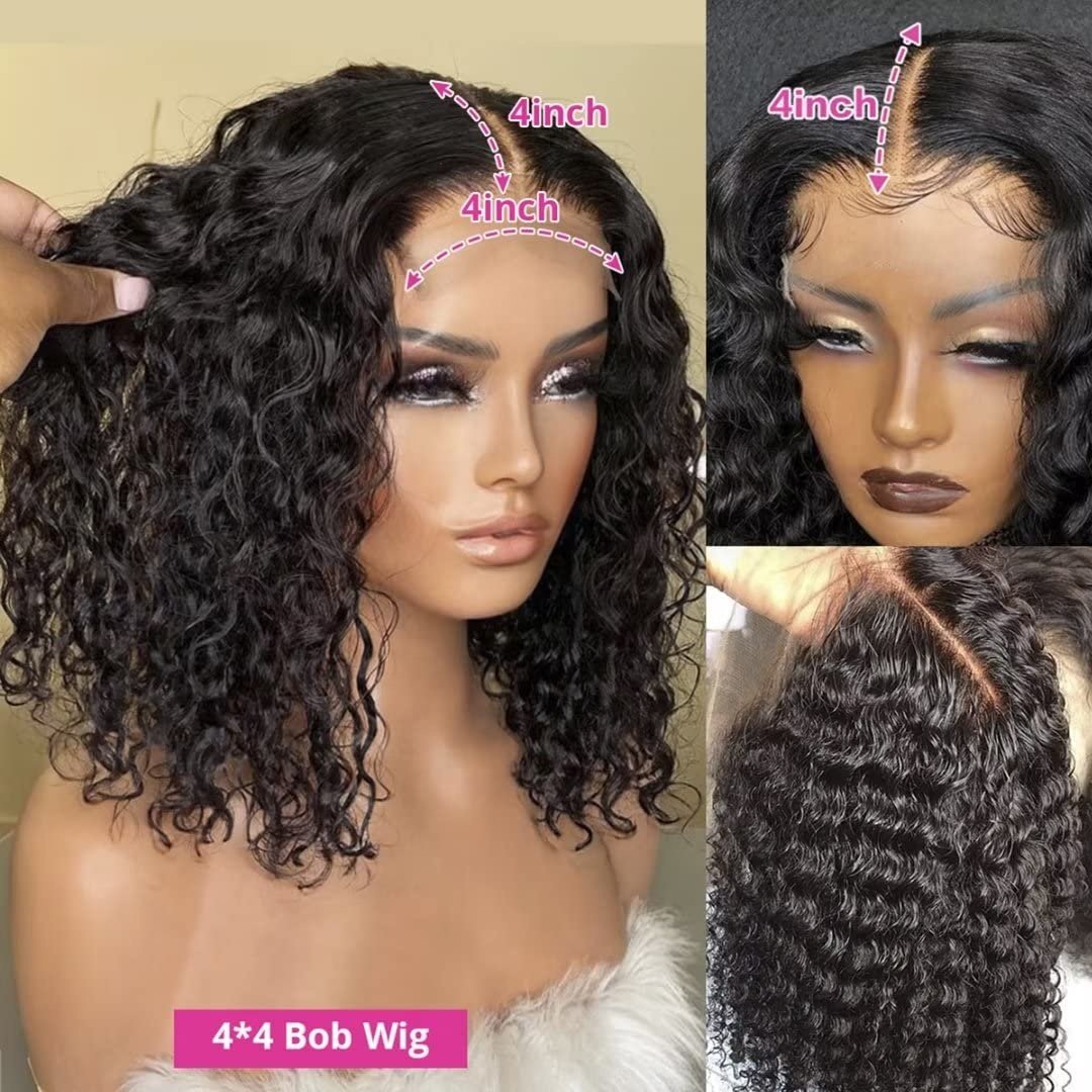 Human Hair 4x4 Lace Front Bob Wigs Women 150density Brazilian Hair 12inch 4x4 Closure Short Bob Wigs for Black 4c Afro Curly #1B