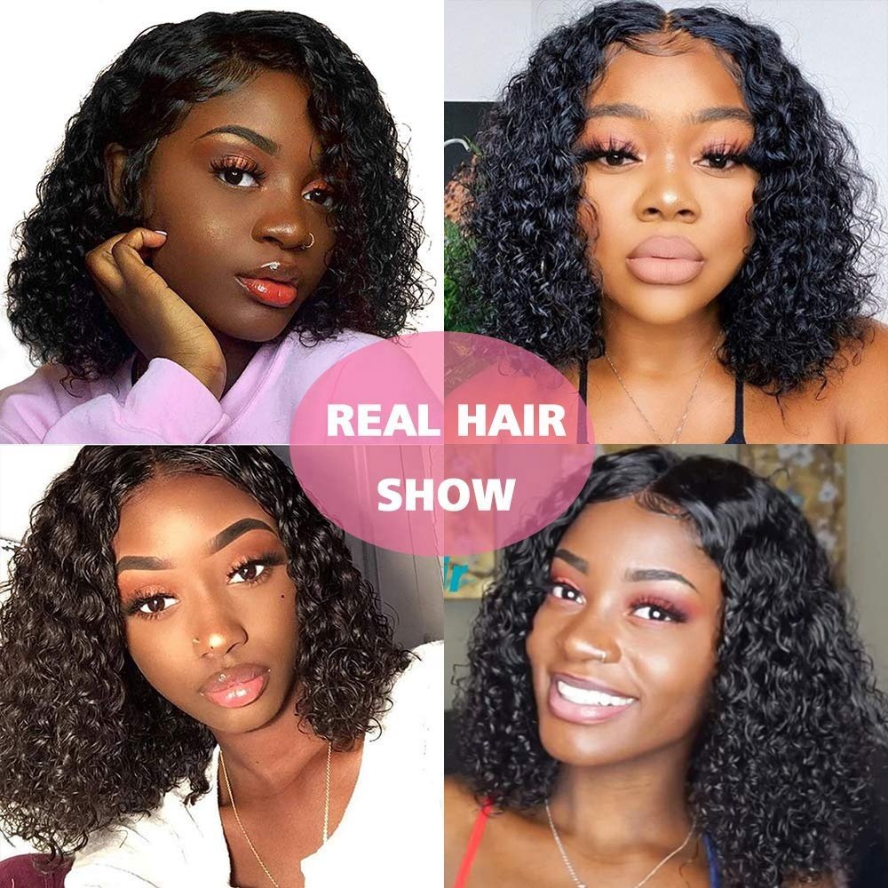 Human Hair 4x4 Lace Front Bob Wigs Women 150density Brazilian Hair 12inch 4x4 Closure Short Bob Wigs for Black 4c Afro Curly #1B