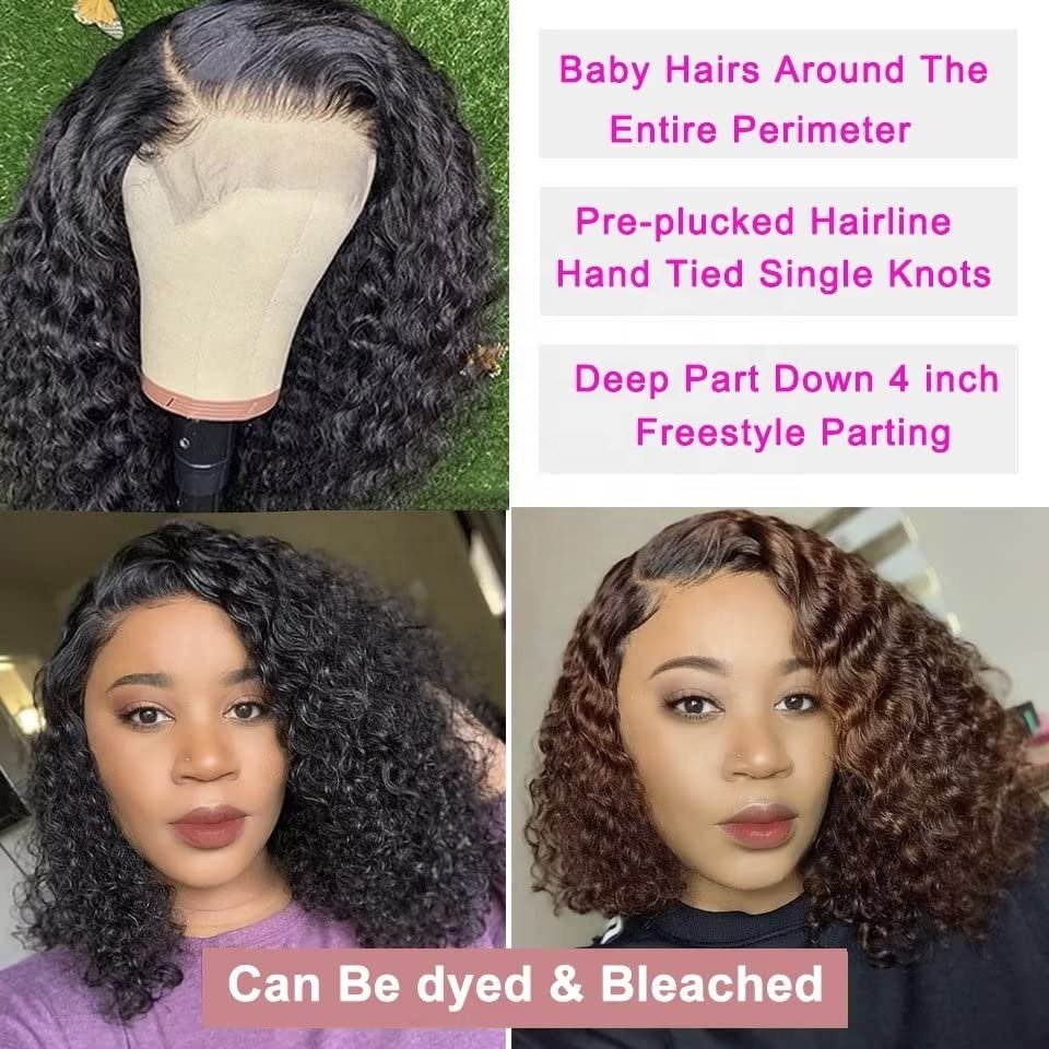 Human Hair 4x4 Lace Front Bob Wigs Women 150density Brazilian Hair 12inch 4x4 Closure Short Bob Wigs for Black 4c Afro Curly #1B
