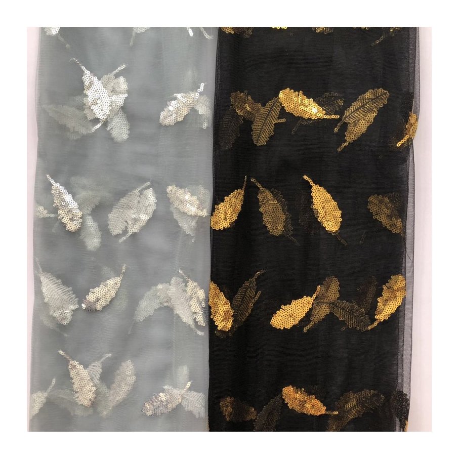 HG1111 tulle lace fabric long skirt golden silver leaf sequins lace embroidery fabric tulle fabric
