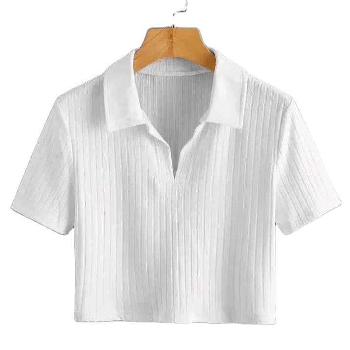 Hyipels Women's Crop Top Polo Shirts Summer Collar Female T-Shirt Short Sleeve Ribbed Solid Sexy V Neck Knit Tops