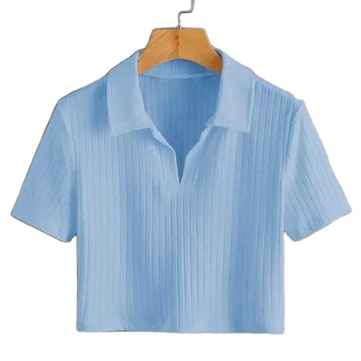 Hyipels Women's Crop Top Polo Shirts Summer Collar Female T-Shirt Short Sleeve Ribbed Solid Sexy V Neck Knit Tops