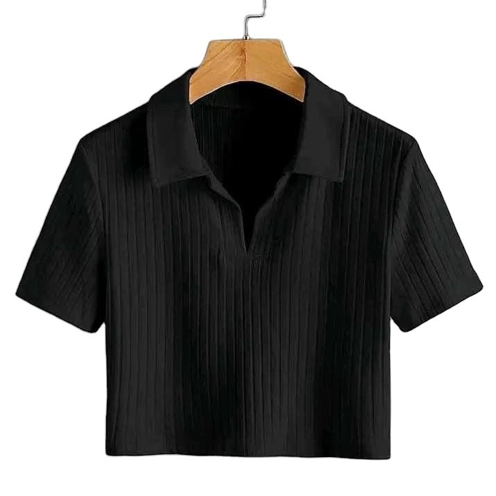 Hyipels Women's Crop Top Polo Shirts Summer Collar Female T-Shirt Short Sleeve Ribbed Solid Sexy V Neck Knit Tops