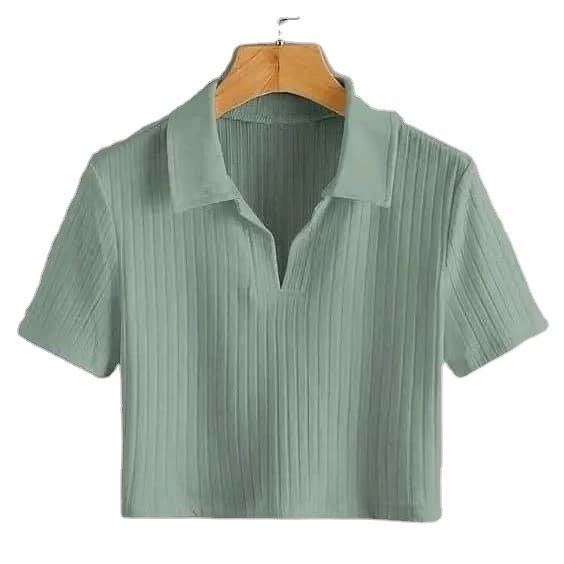 Hyipels Women's Crop Top Polo Shirts Summer Collar Female T-Shirt Short Sleeve Ribbed Solid Sexy V Neck Knit Tops