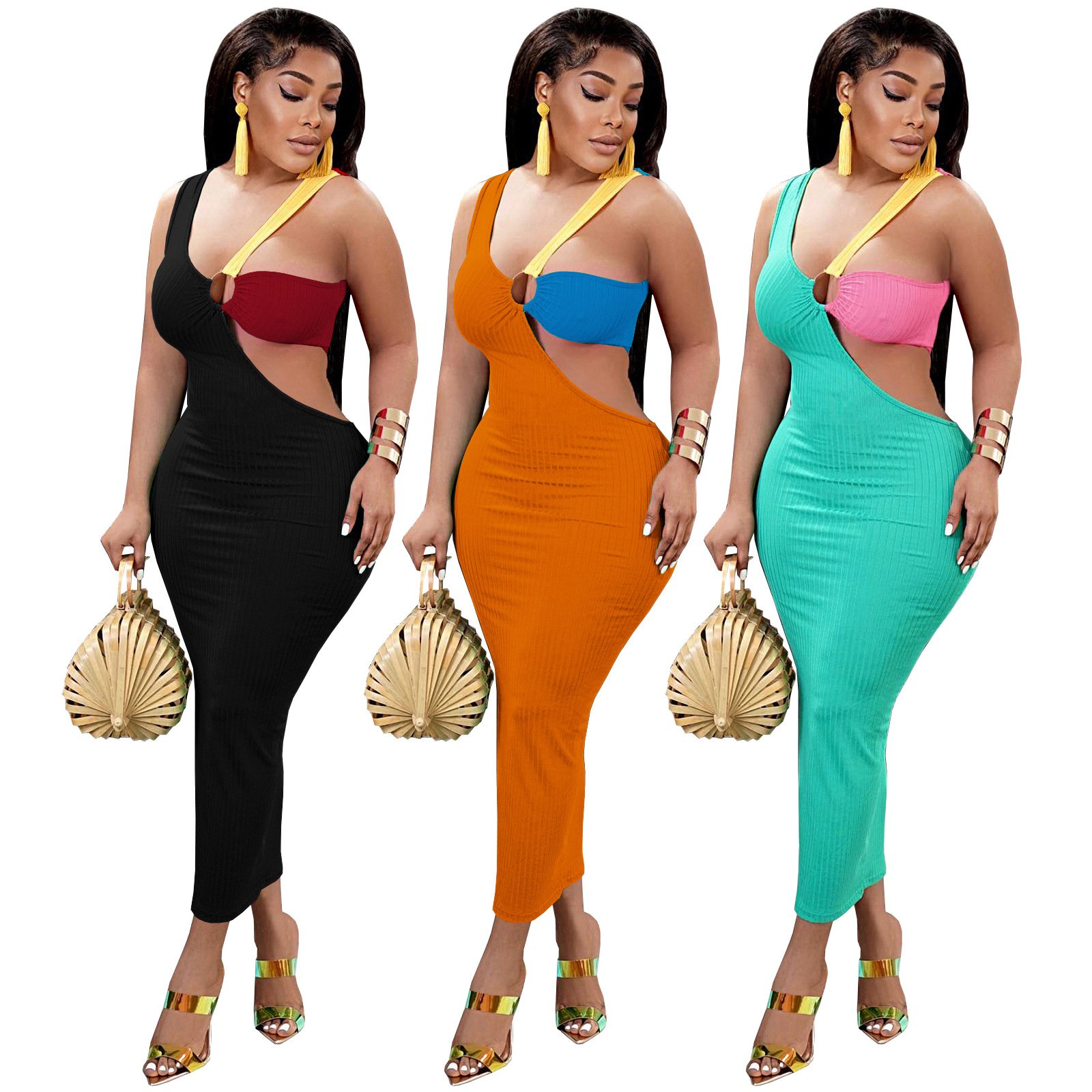 2023 New Arrivals Rib Knit Fashion Women Sexy Sleeveless Dress Irregular Hollow Out Color Patchwork Ribbed Slip Dress Elegant