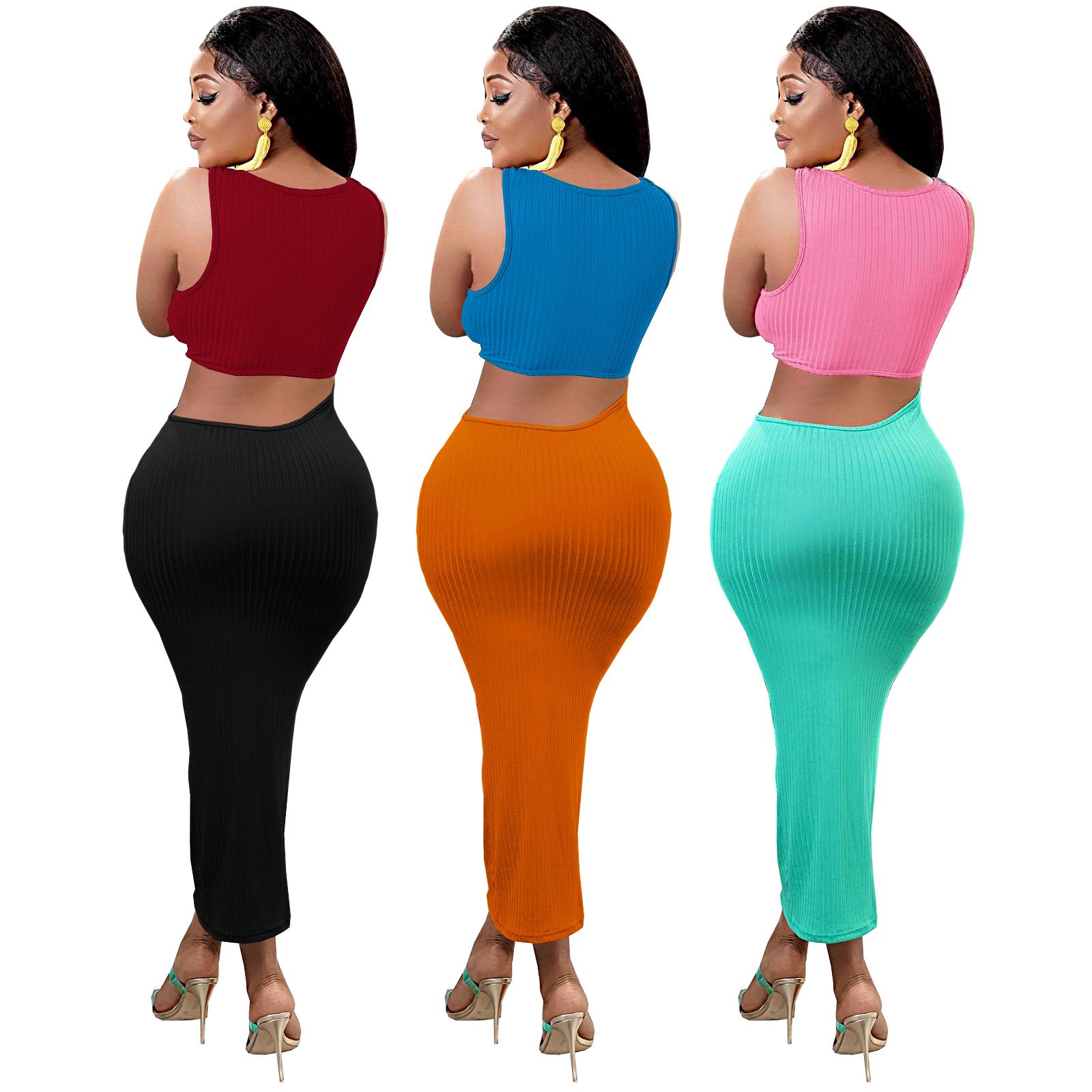 2023 New Arrivals Rib Knit Fashion Women Sexy Sleeveless Dress Irregular Hollow Out Color Patchwork Ribbed Slip Dress Elegant