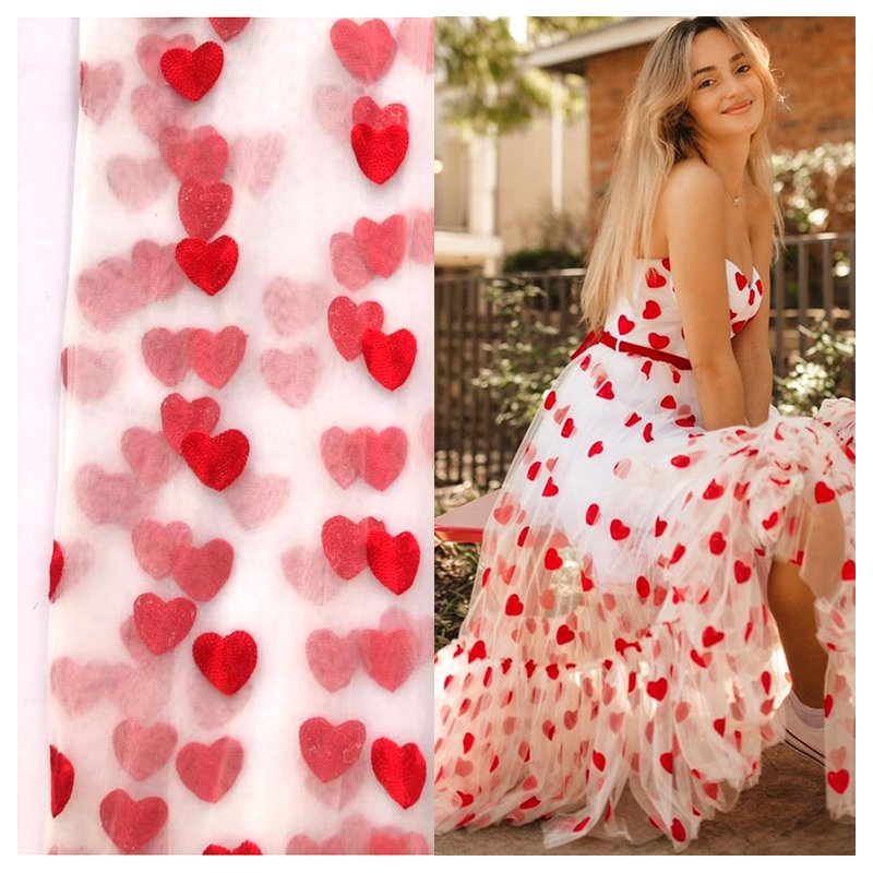 Romantic Red Heart Embroidery Black Tulle Fabric Polyester Tulle Dress Fabric