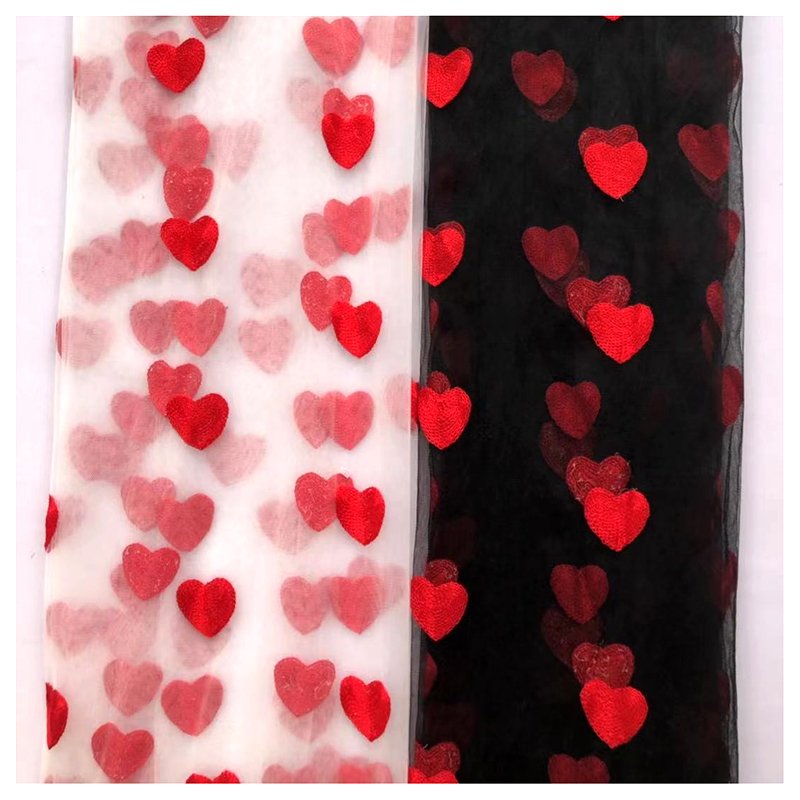 Romantic Red Heart Embroidery Black Tulle Fabric Polyester Tulle Dress Fabric