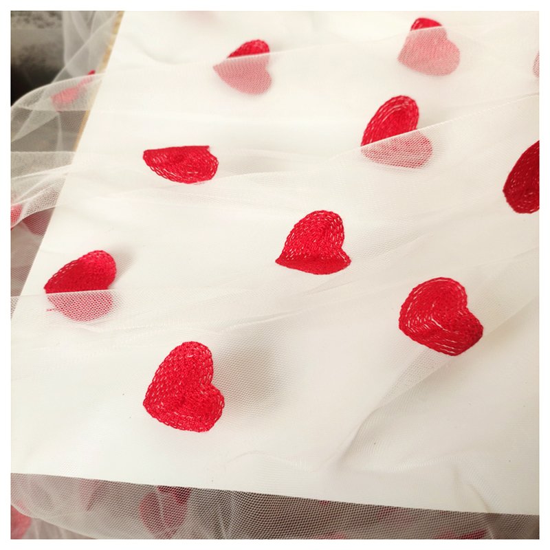 Romantic Red Heart Embroidery Black Tulle Fabric Polyester Tulle Dress Fabric