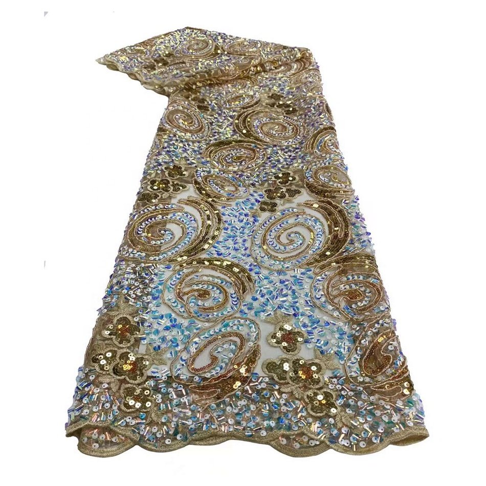 China Factory Direct Sales 2024 New Sequined Lace Fabric Gold Color Clothing and Home Textiles Sequins Lace Fabric