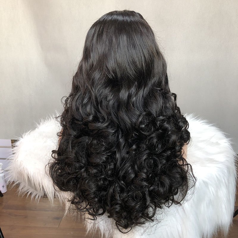 Popular Color Funmi Super Double Drawn Natural Color Bouncy Wave Lace Frontal Human Hair Wig Vendor Wholesale Virgin Human Hair